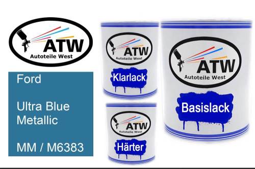 Ford, Ultra Blue Metallic, MM / M6383: 1L Lackdose + 1L Klarlack + 500ml Härter - Set, von ATW Autoteile West.